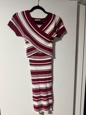 Striped Ribbed Knit Two-Piece Set in Red and White